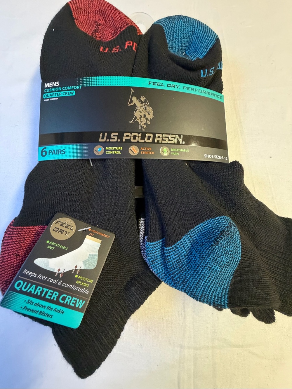 U.S. Polo Assn. Men's Black Quarter Crew Socks with Blue & Red Accents - 6 Pairs